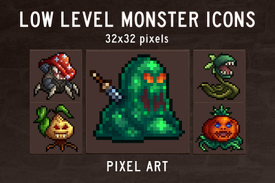 Free Low Level Monsters Pixel Icons 32×32 2d 32x32 art asset assets fantasy game game assets gamedev icon icons indie indie game monster pack pixel pixelart pixelated rpg ui