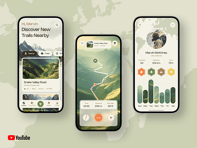 Hiking Mobile App app design discover explore green hiking home illustration light map mobile modern nature profile trails trendy typography ui ux web