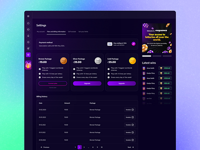 Settings dashboard for a lottery subscription billing history cancel plan dashboard gamification latest wins lottery modern payment method plan and billing plans purple settings ui ux