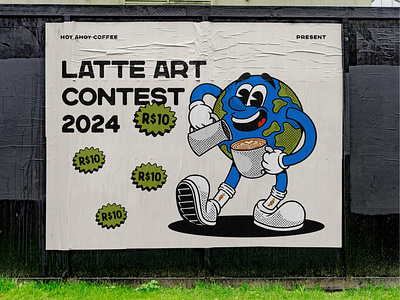 Hoy Ahoy! Coffee: Latte Art Contest 2024 Poster branding brewing contest cartoon character coffee contest design festival globe graphic design illustration latte art logo mascot illustration poster print print design product design retro mascot rubber hose