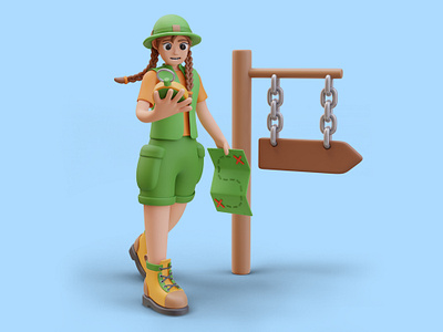 Camper Girl Follows a Route With a Compass 3d 3d character 3d illustration 3d modeling blender blender art camping character illustration design discovery illustration people tourism woman