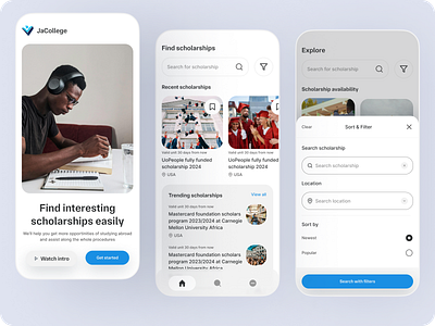 JaCollege — Scholarships Mobile Portal clean minimalism mobile scholarships search and filters student ui ux