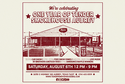 TENDER SMOKEHOUSE AUBREY ANNIVERSARY EVENT FLYER barbecue design event flyer graphic design illustration print typography