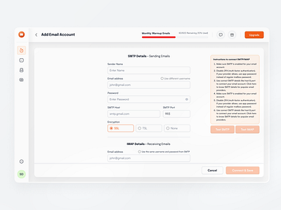 connect SMTP/IMAP for sending and receiving emails b2b connect imap product design saas set up smtp ui uiux ux uxdesign