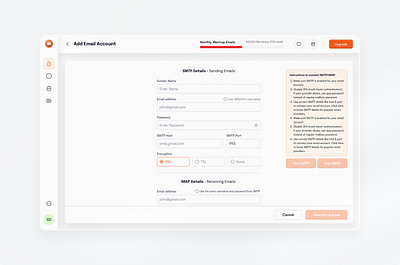 connect SMTP/IMAP for sending and receiving emails b2b connect imap product design saas set up smtp ui uiux ux uxdesign