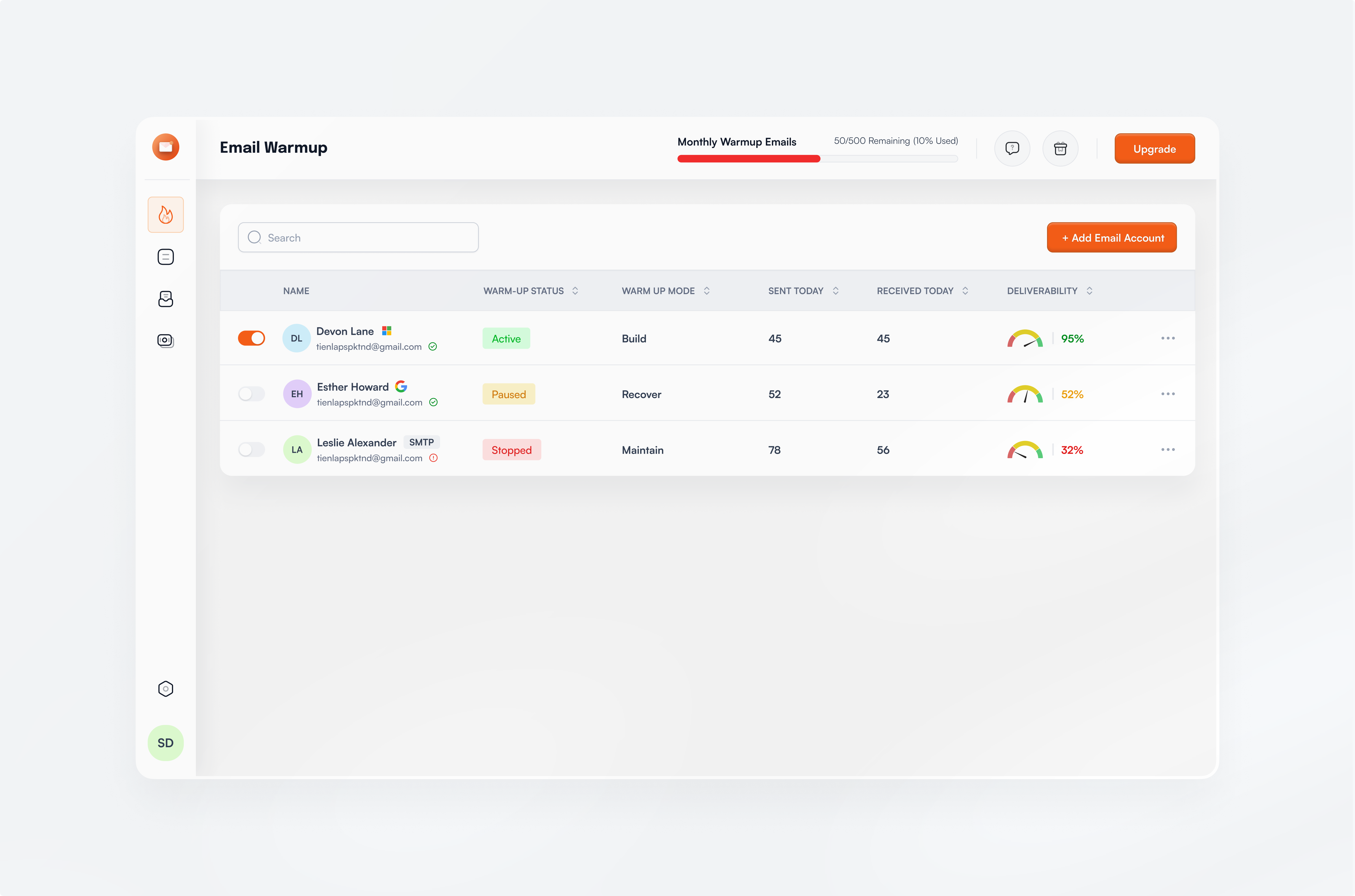 Email Warmup table b2b design email email warmup mail list product design saas table table view ui uiux ux uxdesign