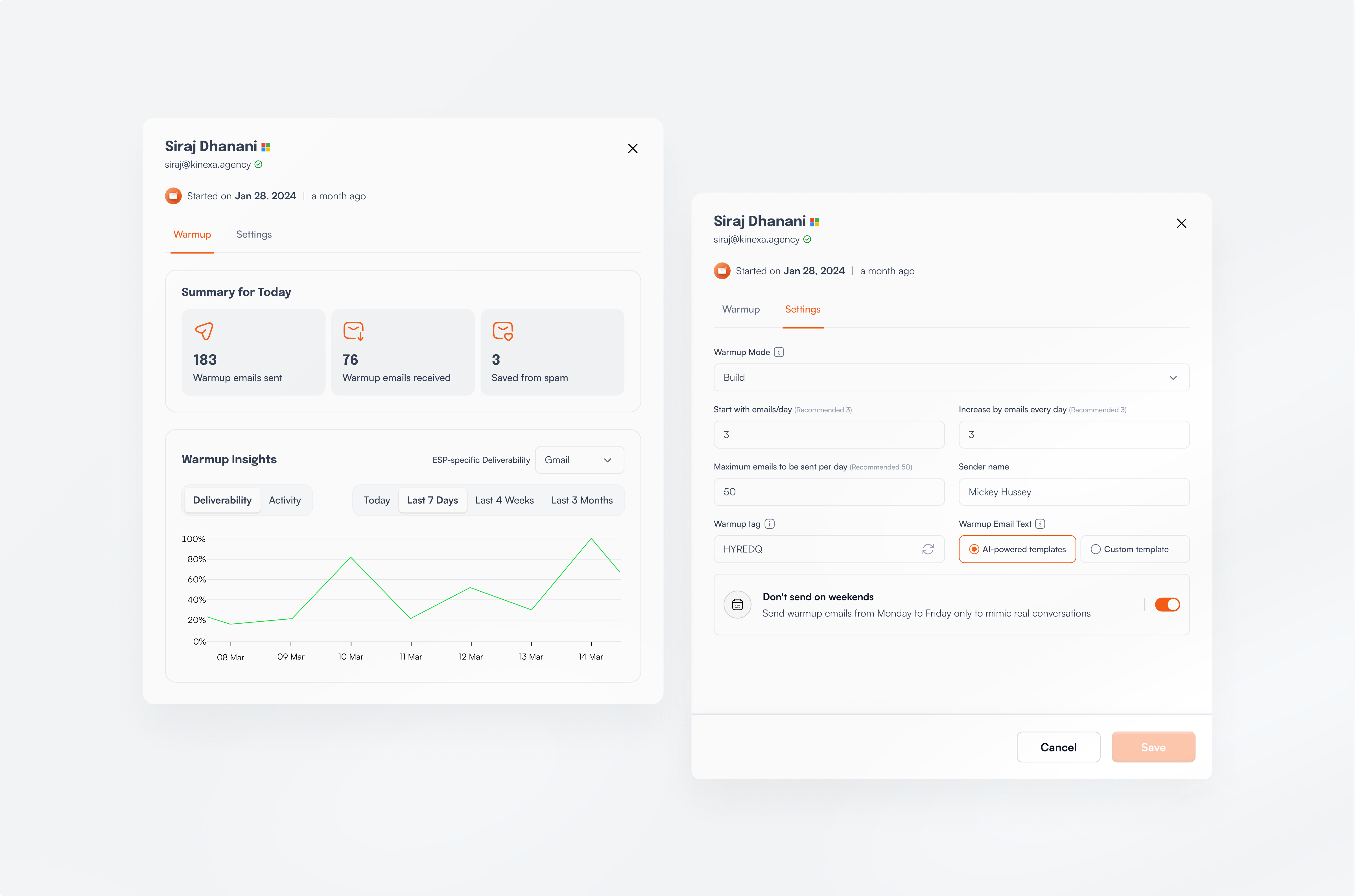 Warmup settings modal b2b product design saas ui uiux ux uxdesign