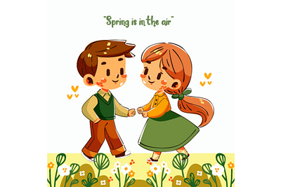 Spring Day with Couple Garden Butterflies Flowers Illustration beauty bloom blossom butterflies cartoon celebration couple day decoration element flower garden greeting leaf love natural nature season spring springtime