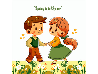 Spring Day with Couple Garden Butterflies Flowers Illustration beauty bloom blossom butterflies cartoon celebration couple day decoration element flower garden greeting leaf love natural nature season spring springtime