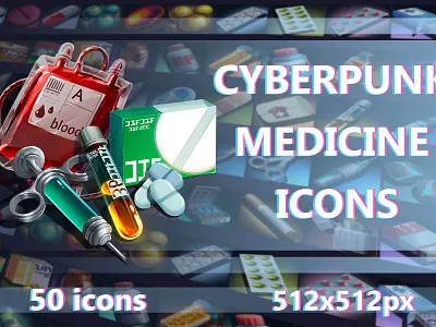 Free Cyberpunk Medicine Icons 2d art asset assets cyberpunk elements game game assets gamedev icon icone icons illustration indie indie game medical medicine pack set ui