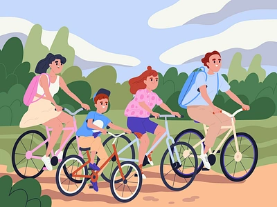 Happy family on a cycling ride art bike ride character design design drawing family flat illustration flat style graphic design holiday illustration poster design