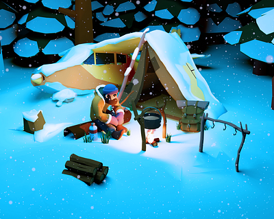 Winter Game scene 3d blender game illustration plane surival tent winter