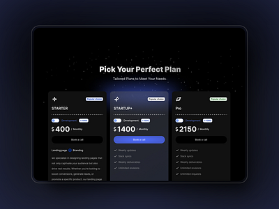 Price list UI - Dark mode dark landingpage ui