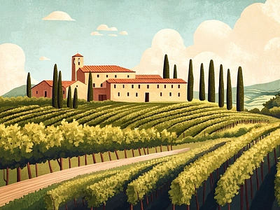 Winery in Tuscany art clouds design digital grape illustration italy landscape mountains old money plantation procreate rich summer toscana valley villa vineyard wine winery