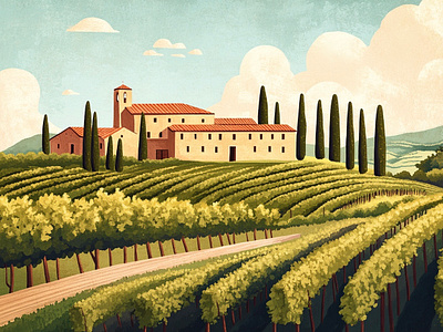 Winery in Tuscany art clouds design digital grape illustration italy landscape mountains old money plantation procreate rich summer toscana valley villa vineyard wine winery