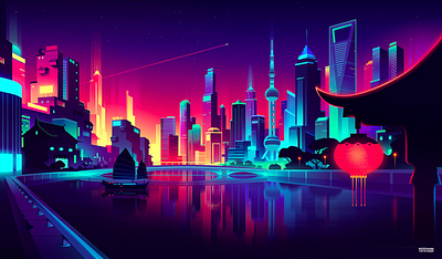 Skyscrapers🏮 branding city design futur illustration light neon retro trystram