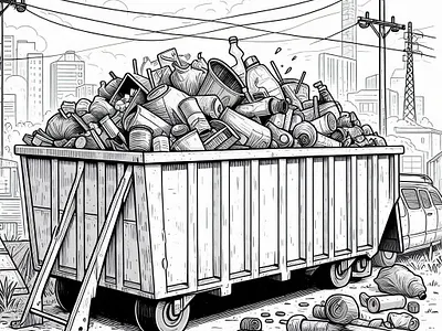 Skip Bin filled with Rubbish - Line art graphic design illustration skipbins