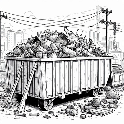 Skip Bin filled with Rubbish - Line art graphic design illustration skipbins