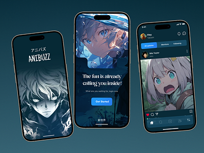 ANIBUZZ APP - Anime Characters anime app anime application anime application design anime application mobile ui anime characters branding chat ui japense theme japnese application latest mobile design mobile ui social media application social media design ui uiux uploading post ux