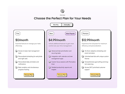 Pricing Section for Landing Page of Dayonite. design figma landing landing page pricing pricing cards pricing section saas pricing time management ui