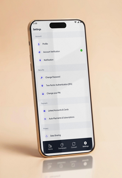 Financial Management Settings appdesign financialapp privacysettings securitydesign settingspage ui uidesign userexperience ux