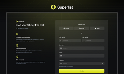 Superlist | Signup | Login | Waitlist | Figma 3d animation dark theme figma form framer graphic design login signup ui waitlist