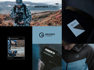 GREATNESS STUDIOS america blue brand brand identity branding camera cinematography frame g logo graphic design greatness studios logo minimal mockup studio