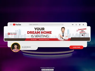 Real estate Business YouTube channel banner Design art banner design branding cover graphic design logo social media cover youtube banner