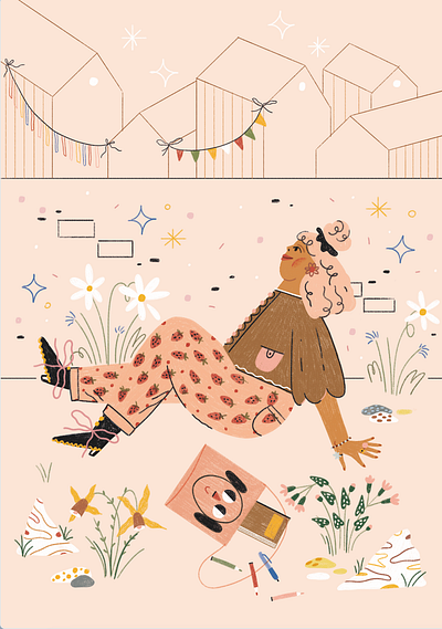 Daydreaming about summer picnic and strawberry pants. 2d illustration