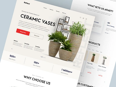 Reflect - Shopify Website Design for Ceramic Vases ceramic vases design ecommerce homepage illustration interface landing page plants product design product details product landing page product website shopify shopify landing page shopify website single product store store web design website woocommerce