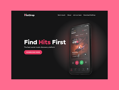 Hot Drop Landing page - Find music easily app hero design hero section landing landing page saas ui design ux design ux desing website website design