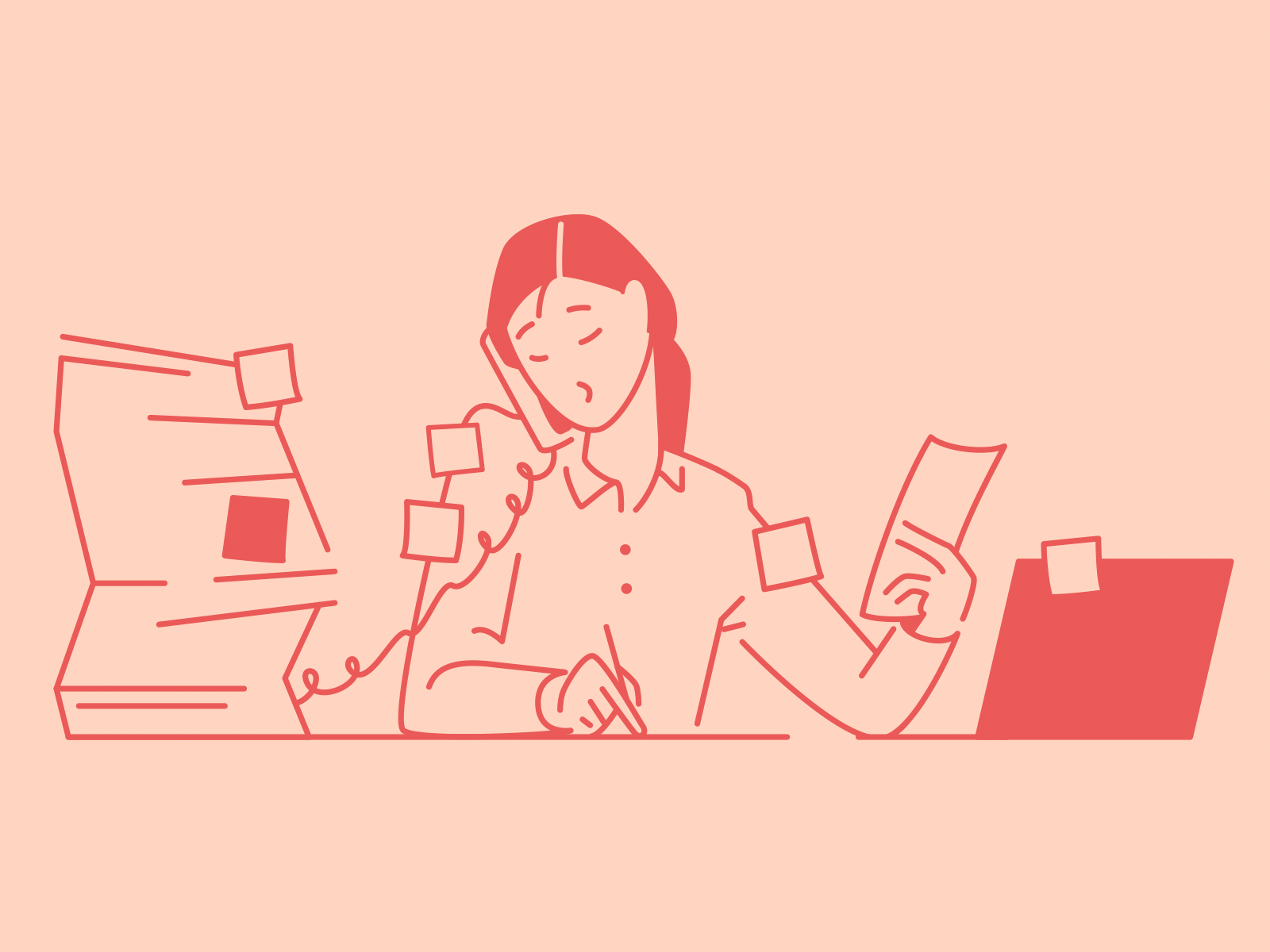 Young woman busy with her work in office 2d administrator after effects animation busy call center illustration laptop making notes monochrome motion graphics multitasking office desk paperwork phone call professional secretary woman work workplace