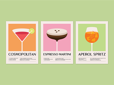 Cocktail Posters aperol cocktail cosmopolitan cute decor espresso flat illustration kitchen martini posters recipe triptych wall art