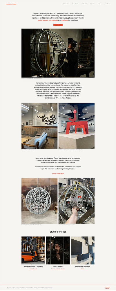 Website for Metal Sculptor's studio practice artist website sleek layout website design