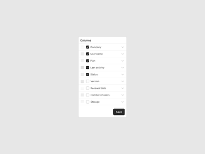 Column customization button check checkmark column customization cta design exploration digital design figma filter icons light mode move product design saas sort switch ui ux web web design