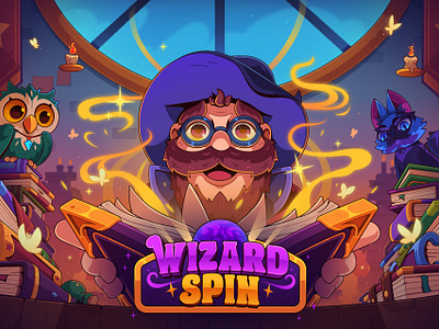 Wizard Spin: Promo Art 2d 2d game ai art cartoon casino casual game cat digital art digital artwork fantasy gambling game illustration magic slot slot game slot machine witch wizard