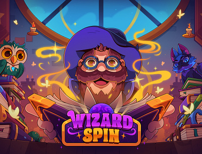 Wizard Spin: Promo Art 2d 2d game ai art cartoon casino casual game cat digital art digital artwork fantasy gambling game illustration magic slot slot game slot machine witch wizard