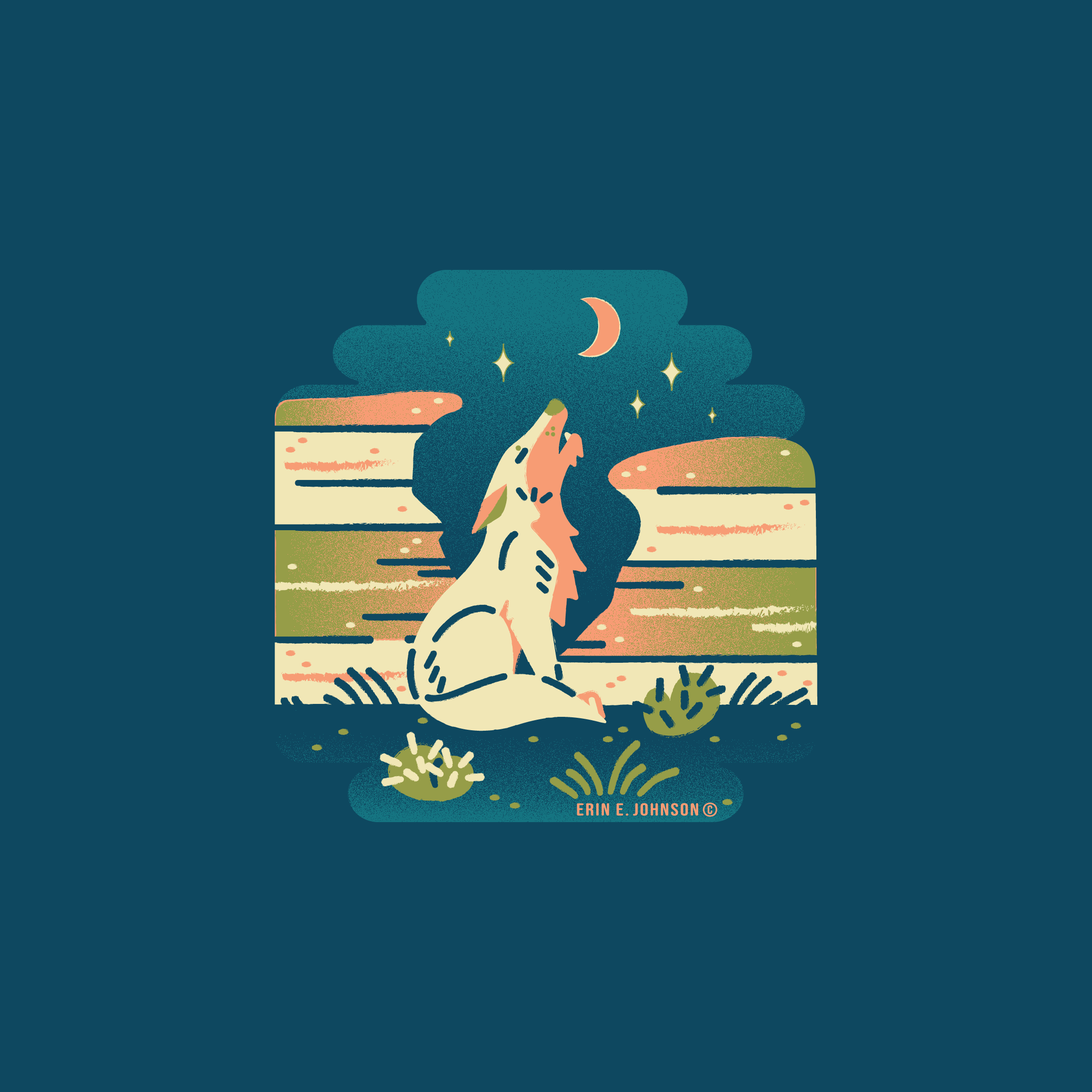 Coyote in the Badlands art deco bad lands cartoon coyote folk graphic design illustration midcentury modern montana nature night outdoors prairie retro stars texture vector western wildlife