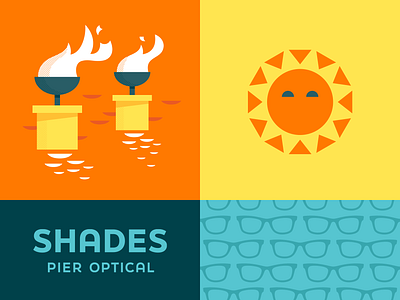 Shades Pier Optical character eyes fire geometric glasses icon illustration modern orange pattern shades sun sunny teal warm water waterfire yellow