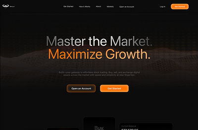 BullX - Landing Page Stock Market black dark dark theme dark ui design figma figma web design graphic design landing page landing ui markt minimalism minimalist orange stock stock market ui uiux web web design