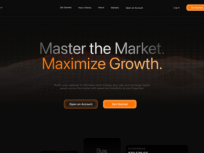 BullX - Landing Page Stock Market black dark dark theme dark ui design figma figma web design graphic design landing page landing ui markt minimalism minimalist orange stock stock market ui uiux web web design