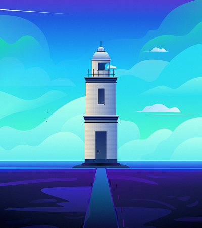 Find My Direction art blue cloud design digital illustration draw illustration landscape lighthouse nature painting purple sea seaside sky vector vector digital illustration wallpaper