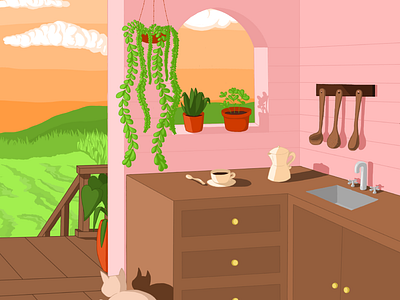 Country kitchen during sunset | Autoral calm cat drawing graphic design illustration kitchen photoshop plants sunset