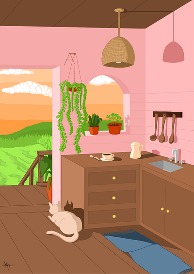 Country kitchen during sunset | Autoral calm cat drawing graphic design illustration kitchen photoshop plants sunset