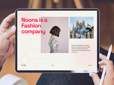 Noona - Brand Guidelines - About Company (Mockup) about us brand book brand identity branding clean company design fashion graphic design lifestyle logo logo brand logo design marketing pink presentation slide startup style guide template