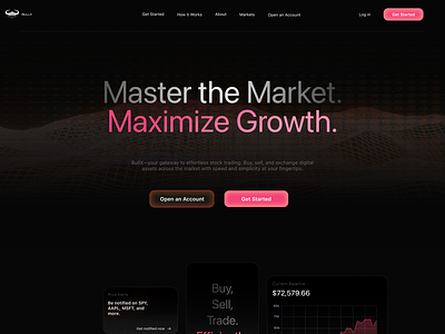 BullX - Stock Market Landing Page v2 crypto dark dark ui dark web design design exchange landing page minimalist modern pink pink design stock market stock market deign stocks trade ui uiux web web design web designer