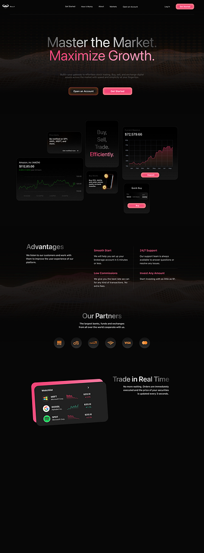 BullX - Stock Market Landing Page v2 crypto dark dark ui dark web design design exchange landing page minimalist modern pink pink design stock market stock market deign stocks trade ui uiux web web design web designer