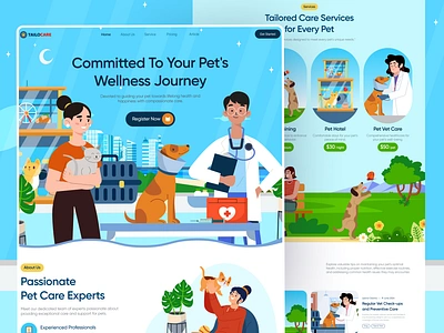 Pet Care website 2d illustration animal care animal shelter branding cat design dog graphic design homepage illustration illustration website landing page medicine pet pet care website pets shop ui vector vet care vet service