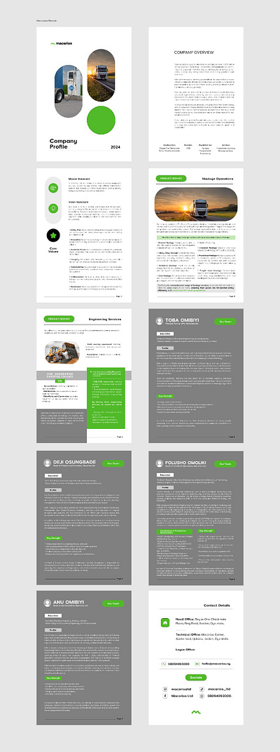 Macarios company profile arrangement black brochure clean company profile graphic design green minimalist typography white