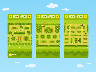 Game interface with pacman mechanics cartoon cat dog game illustration interface maze pacman park ui vector